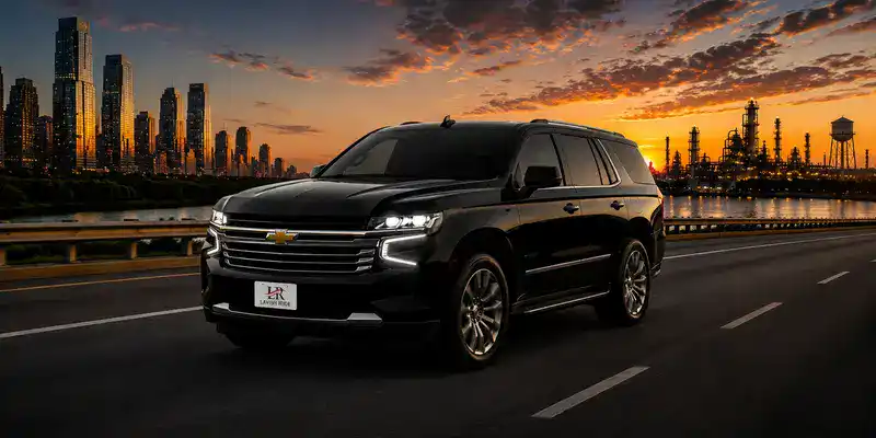 Luxury black Chevrolet Suburban with the official Lavish Ride logo on the front license plate driving along a waterfront highway at sunset, with a modern city skyline on one side and an illuminated industrial refinery on the other, representing premium executive transportation across Texas.